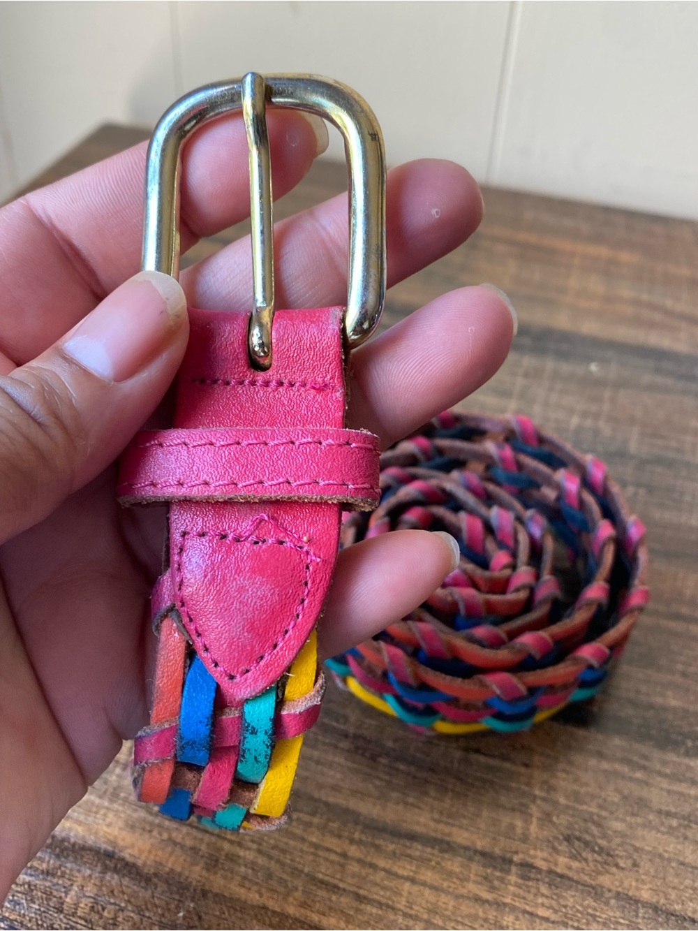 Vintage Multicolor Leather Woven Belt, 32”